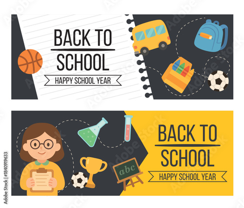 Set of banner of back to school with school elements, and teacher, on white a black background