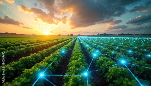 Rows of green crops stretch towards horizon. Digital grid overlays field with glowing blue nodes. Sunrise or sunset sky with clouds. Advanced tech in agriculture, smart farm data.