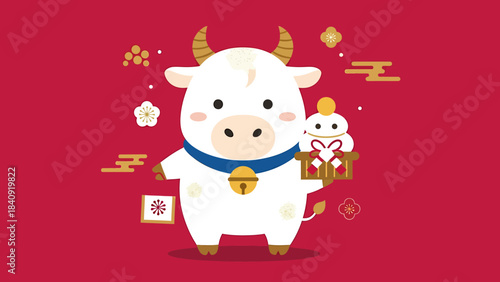 Adorable cartoon ox with a blue bell on a bright red festive background, a cute Chinese New Year illustration for celebrations and greetings