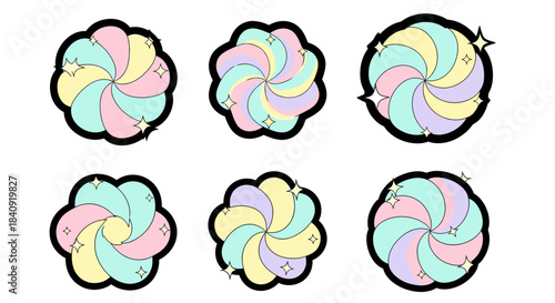 Colorful pinwheel flower icons arranged as playful decorative shapes with soft gradients and cute circular petals