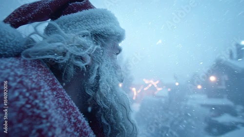 Santa Claus in a snowstorm capturing festive winter spirit with joyful expressions and swirling snowflakes in a cold snowy landscape