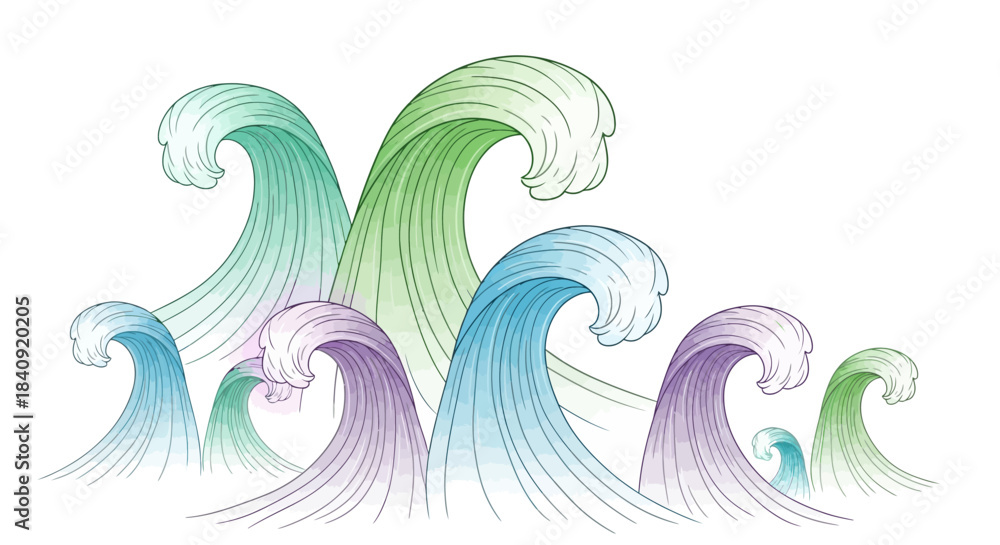 Fototapeta premium Colorful ocean wave illustration with dynamic curling water shapes creating a vibrant marine scenery