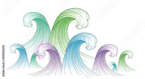 Colorful ocean wave illustration with dynamic curling water shapes creating a vibrant marine scenery