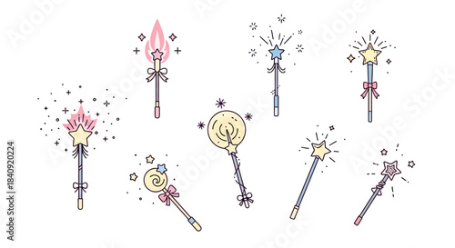 Magical wand and spark glitter icons featuring decorative stars and whimsical fantasy-themed elements