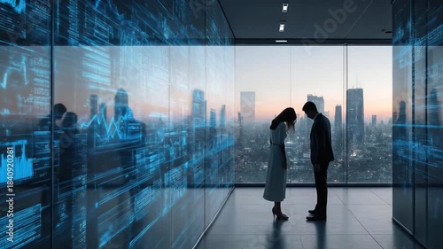 Businesspeople in a high-rise office with digital data displays, cityscape background - Footage