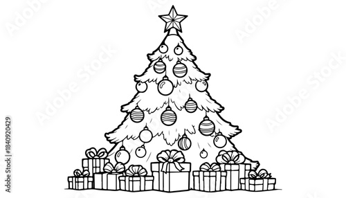 Christmas Celebration: An illustration showcases a Christmas tree decorated with ornaments, radiating festive joy, and surrounded by gift boxes.