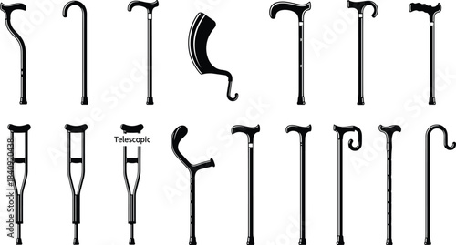 Collection of diverse walking canes and crutches in detailed black silhouette style, featuring mobility aids, support handles, adjustable designs, and ergonomic medical equipment icons