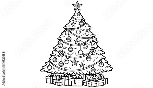 Holiday cheer: A festive Christmas tree, adorned with shimmering ornaments, stands proudly beside a collection of wrapped gifts, a beacon of holiday magic and joy. 