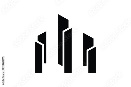 Black abstract geometric skyscraper building shapes on white background architecture city