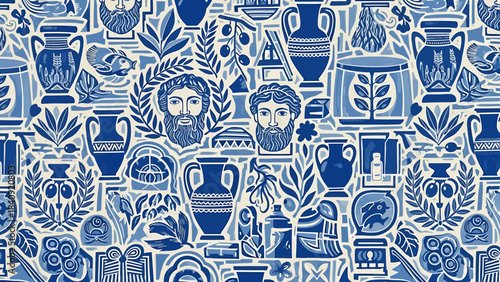 Seamless pattern featuring ancient Greek motifs including busts, amphorae, olive branches, and architectural elements in blue and white.