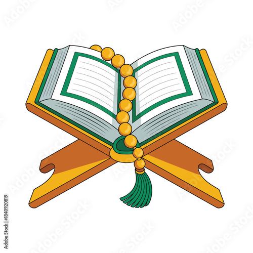 Open holy book placed on wooden lectern with rosary beads islamic religious attribute colored vector illustration