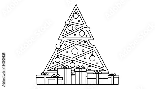 Christmas Tree with Gifts: Festive illustration of a holiday celebration featuring a stylized christmas tree adorned with ornaments and surrounded by gift boxes.