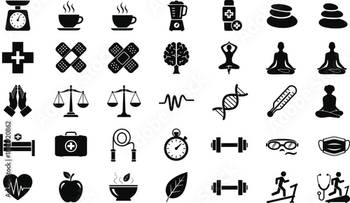 Health icons, wellness symbols, fitness tools, medical elements, nutrition graphics, mental balance, spa visuals, healthcare items, flat vector illustration