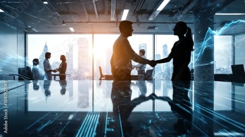 Professionals in a modern office, shaking hands with city skyline backdrop, data overlay - Footage