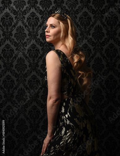 close up portrait beautiful woman, blonde hair wearing elegant black gold evening gown dress, fantasy crystal crown tiara. posing against vintage brocade wall paper background, dark silhouette shadows