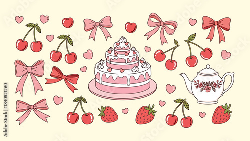 A cute illustration featuring a pink tiered cake, red cherries, strawberries, pink bows, hearts, and a floral teapot on a light background.