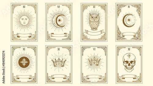 Collection of vintage mystical tarot cards with various symbols like sun, moon, owl, crown, and skull, in an ornate, sepia-toned design.