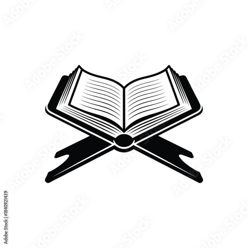 Open holy book on rehal wooden stand vector illustration religious scripture reading symbol silhouette isolated background