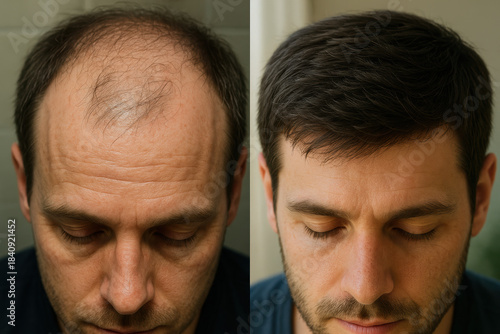 middle aged man before and after hair loss treatment, comparison of receding hairline and restored thick hairstyle, close up portrait