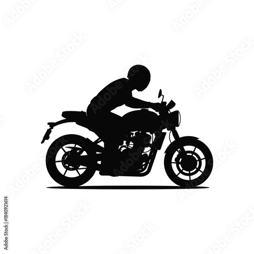Side view silhouette of person wearing helmet riding powerful classic style motorcycle vector illustration transport lifestyle concept.