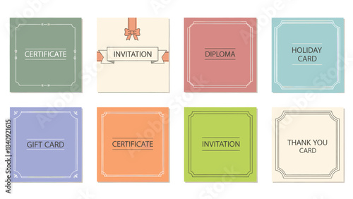 Collection of greeting cards and certificates with elegant borders and pastel colors for events