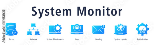 System Monitor banner with icons of Server, Network, System Maintenance, Bug, Pending, System Update and Optimization.