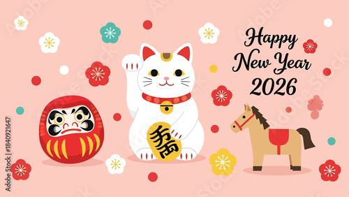Happy New Year 2026 greeting card with Japanese cultural symbols like Maneki-neko, Daruma doll, and horse figurine on a pink background.