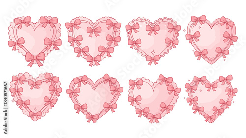 Collection of eight pink heart frames decorated with bows and scalloped edges, isolated on white.