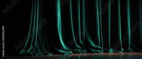 Rich emerald green velvet theater curtains beautifully draped illuminated on a dark wooden stage floor