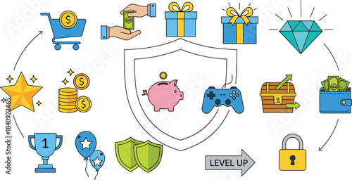 Gamification icons set, reward symbols, savings, spending, level up, coins, gift, wallet, finance, gaming, flat vector illustration