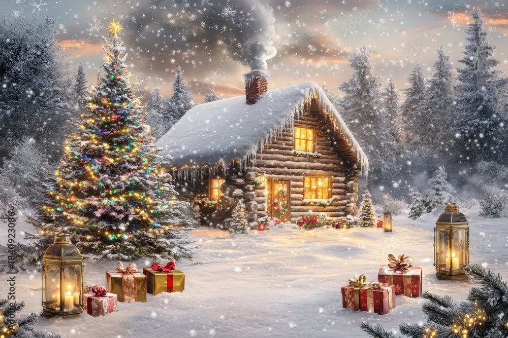 Fototapeta premium Illuminated log cabin scene depicts a snowy forest setting with festive decorations and falling snow