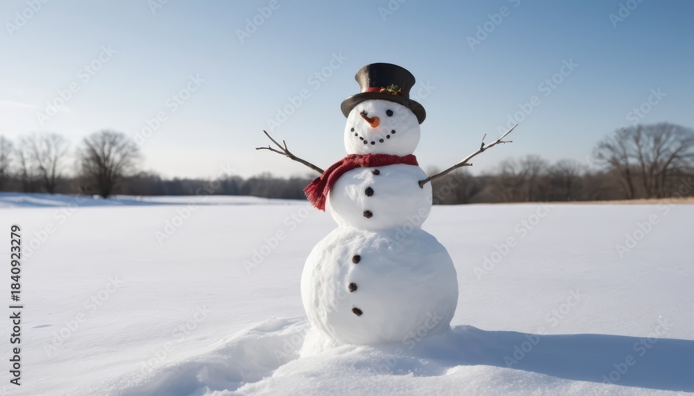 Fototapeta premium Classic snowman stands in a vast snow covered winter field under a clear blue sky