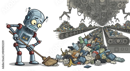 A worried vintage-style blue cartoon robot with large yellow eyes and antennae sweeping with a classic wooden broom.