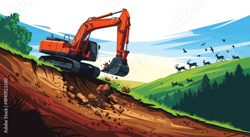 Powerful orange hydraulic excavator with a dark bucket digging into a steep brown earth slope.