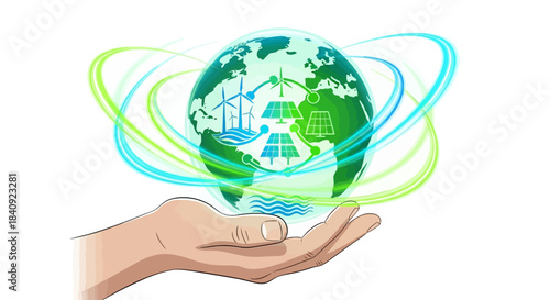 Hand Holding Globe with Renewable Energy Icons and Swirling Energy.