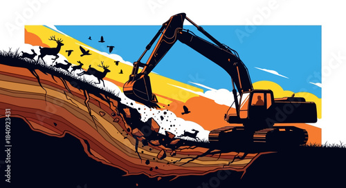 Industrial excavator destroying natural habitat causing wildlife to flee environmental impact illustration.