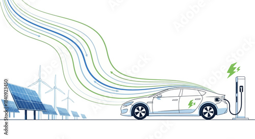 Sleek White Electric Car Charging at Station with Green Energy Flow.
