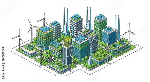 Isometric illustration of a futuristic eco-city with green architecture solar panels and wind turbines.