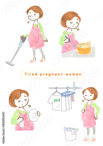 疲れた表情で家事をするエプロン姿の妊婦さんのイラストセット