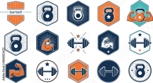 Fitness logo icons, gym symbols, kettlebell, barbell, flexed arm, strength, workout, energy, power, training, flat vector illustration