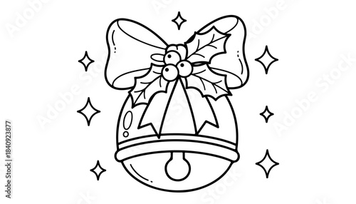 Festive Bell Illustration: A cheerful bell adorned with a holly and ribbon, surrounded by twinkling stars. It symbolizes the joy of the holiday season.