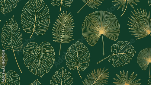 Elegant gold line art tropical leaves pattern exotic botanical illustration for textile and wallpaper design seamless vector background