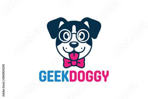 Cartoon dog face with glasses and pink bow tie below text G E K D O G Y illustration graphic