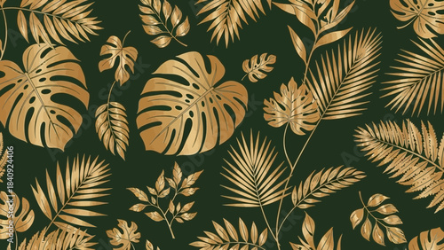 Golden tropical leaves pattern elegant botanical illustration for fabric and wallpaper design seamless jungle motif on dark green background