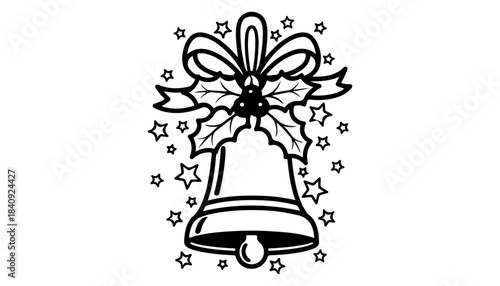 Christmas Bell Illustration: A festive illustration of a Christmas bell, adorned with holly and a ribbon, surrounded by stars, symbolizing the joy and anticipation of the holiday season.