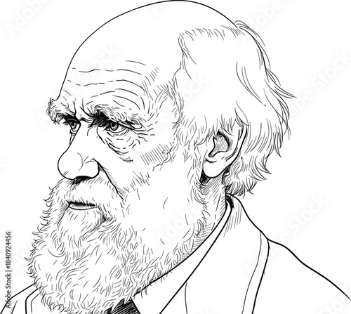 Charles Darwin portrait, elderly man profile, scientific thinker illustration, vintage sketch style, historical figure drawing, flat vector illustration