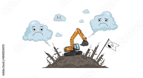 Vibrant cartoon illustration: orange excavator on deforested mound sad clouds symbolic flag.