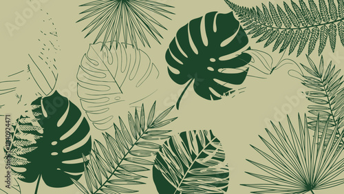 Tropical leaf pattern hand-drawn illustration with monstera and fern elements perfect for natural backgrounds and textile design