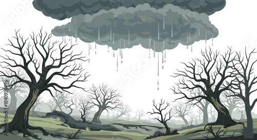 Dramatic Illustration of Dark Trees Under a Stormy Cloud with Rain.