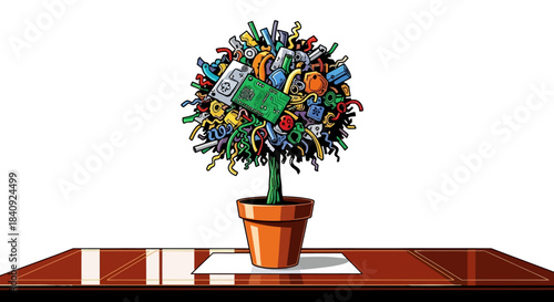 Colorful E-waste Tree in Terracotta Pot Illustrating Technology Recycling and Sustainability.